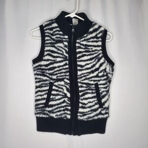 Bongo Faux Fur Vest Women Jr Medium Zebra Rib Mock Neck Zip Vtg Y2K Grunge